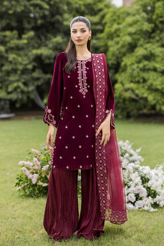 FW25DA-2826 Maroon velvet ensemble with thread and sequin embroidery on sleeves, paired with crinkle-textured wide-leg pants.