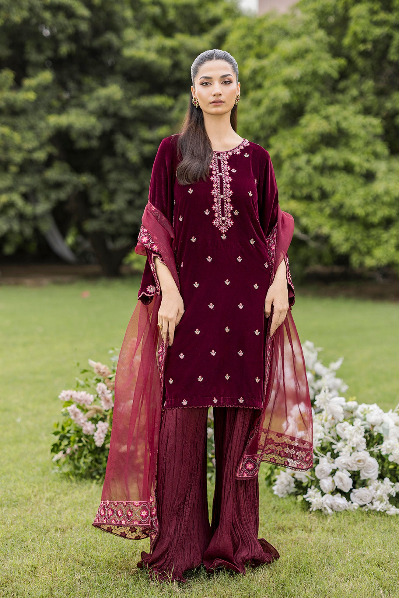 FW25DA-2826 Maroon velvet ensemble with thread and sequin embroidery on sleeves, paired with crinkle-textured wide-leg pants.