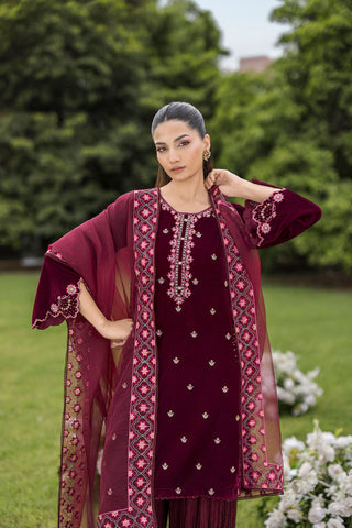 FW25DA-2826 Maroon velvet ensemble with thread and sequin embroidery on sleeves, paired with crinkle-textured wide-leg pants.