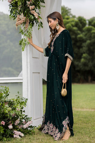 FW25DA-2829 Bottle Green Kaftan: Emerald velvet kaftan with gold and pink embroidery along the neckline and hem for a regal silhouette.