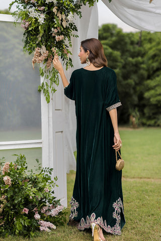 FW25DA-2829 Bottle Green Kaftan: Emerald velvet kaftan with gold and pink embroidery along the neckline and hem for a regal silhouette.
