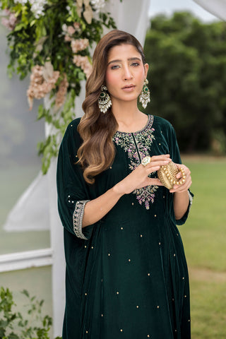 FW25DA-2829 Bottle Green Kaftan: Emerald velvet kaftan with gold and pink embroidery along the neckline and hem for a regal silhouette.