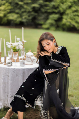 FW25DA-2833 Classic black velvet kurta with intricate silver embroidery on the borders and neckline, paired with solid black pants.