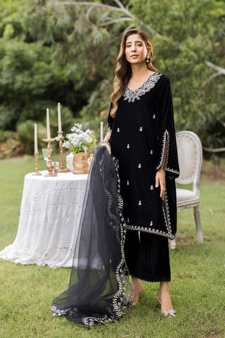 FW25DA-2833 Classic black velvet kurta with intricate silver embroidery on the borders and neckline, paired with solid black pants.