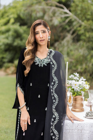 FW25DA-2833 Classic black velvet kurta with intricate silver embroidery on the borders and neckline, paired with solid black pants.