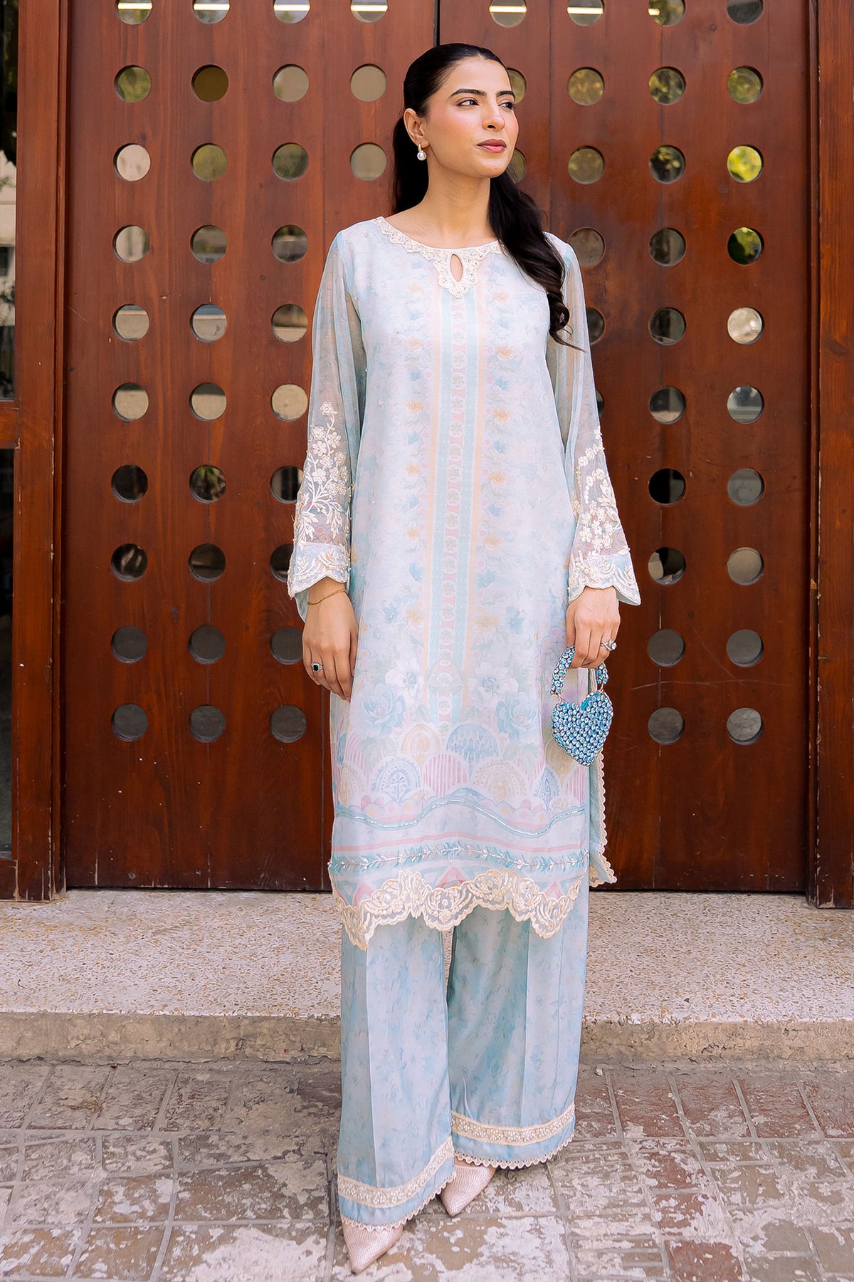 FW25DA-2858 SKY BLUE 2PCS  EMBROIDERED KURTA WITH TROUSER