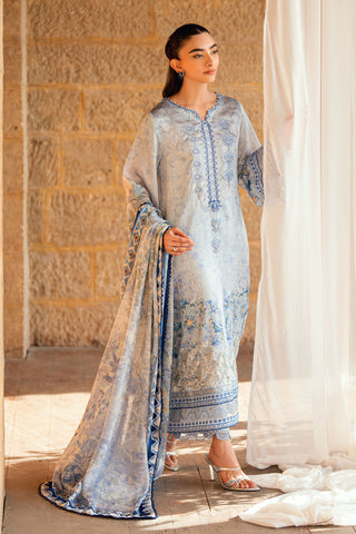 SS26DA-2891 Sky blue 2-piece shamoz silk suit with refined hand-embellished detailing and a sophisticated silhouette.