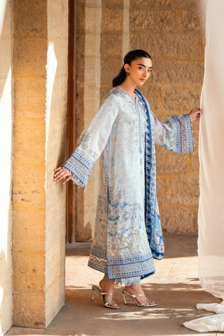 SS26DA-2891 Sky blue 2-piece shamoz silk suit with refined hand-embellished detailing and a sophisticated silhouette.