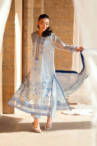SS26DA-2891 Sky blue 2-piece shamoz silk suit with refined hand-embellished detailing and a sophisticated silhouette.