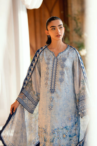 SS26DA-2891 Sky blue 2-piece shamoz silk suit with refined hand-embellished detailing and a sophisticated silhouette.