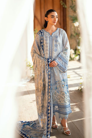 SS26DA-2891 Sky blue 2-piece shamoz silk suit with refined hand-embellished detailing and a sophisticated silhouette.