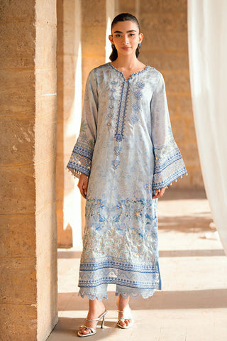 SS26DA-2891 Sky blue 2-piece shamoz silk suit with refined hand-embellished detailing and a sophisticated silhouette.