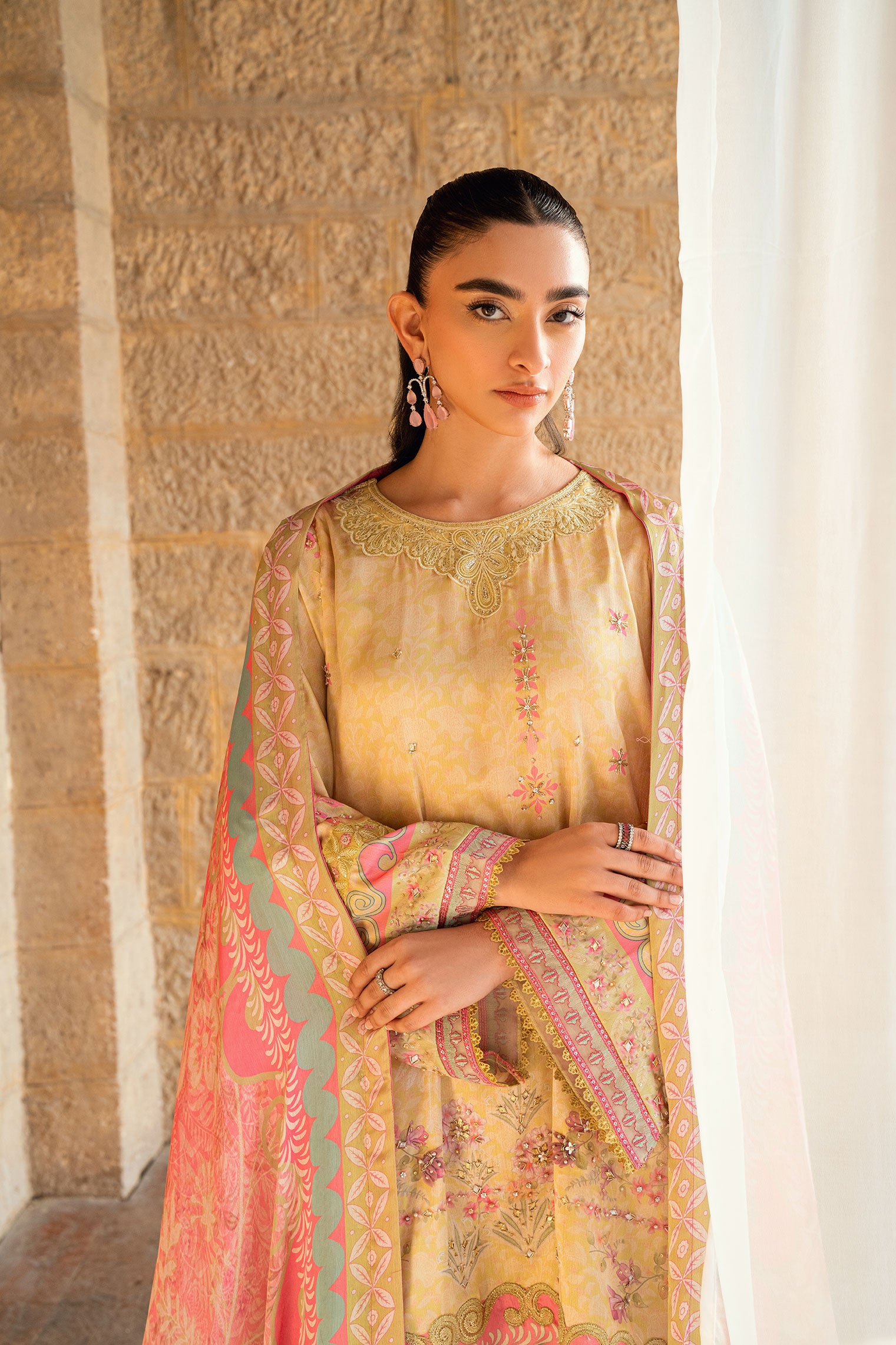 SS26DA-2892 Yellow 2-piece satin silk ensemble featuring a delicately floral-printed kurta with fine embroidery.