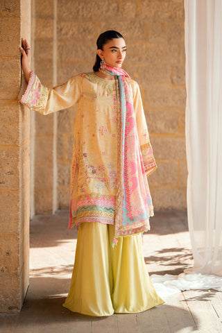 SS26DA-2892 Yellow 2-piece satin silk ensemble featuring a delicately floral-printed kurta with fine embroidery.