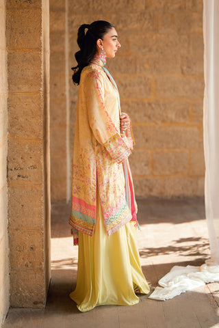 SS26DA-2892 Yellow 2-piece satin silk ensemble featuring a delicately floral-printed kurta with fine embroidery.