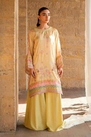 SS26DA-2892 Yellow 2-piece satin silk ensemble featuring a delicately floral-printed kurta with fine embroidery.