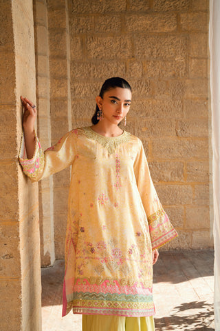 SS26DA-2892 Yellow 2-piece satin silk ensemble featuring a delicately floral-printed kurta with fine embroidery.