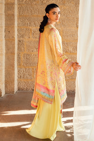 SS26DA-2892 Yellow 2-piece satin silk ensemble featuring a delicately floral-printed kurta with fine embroidery.