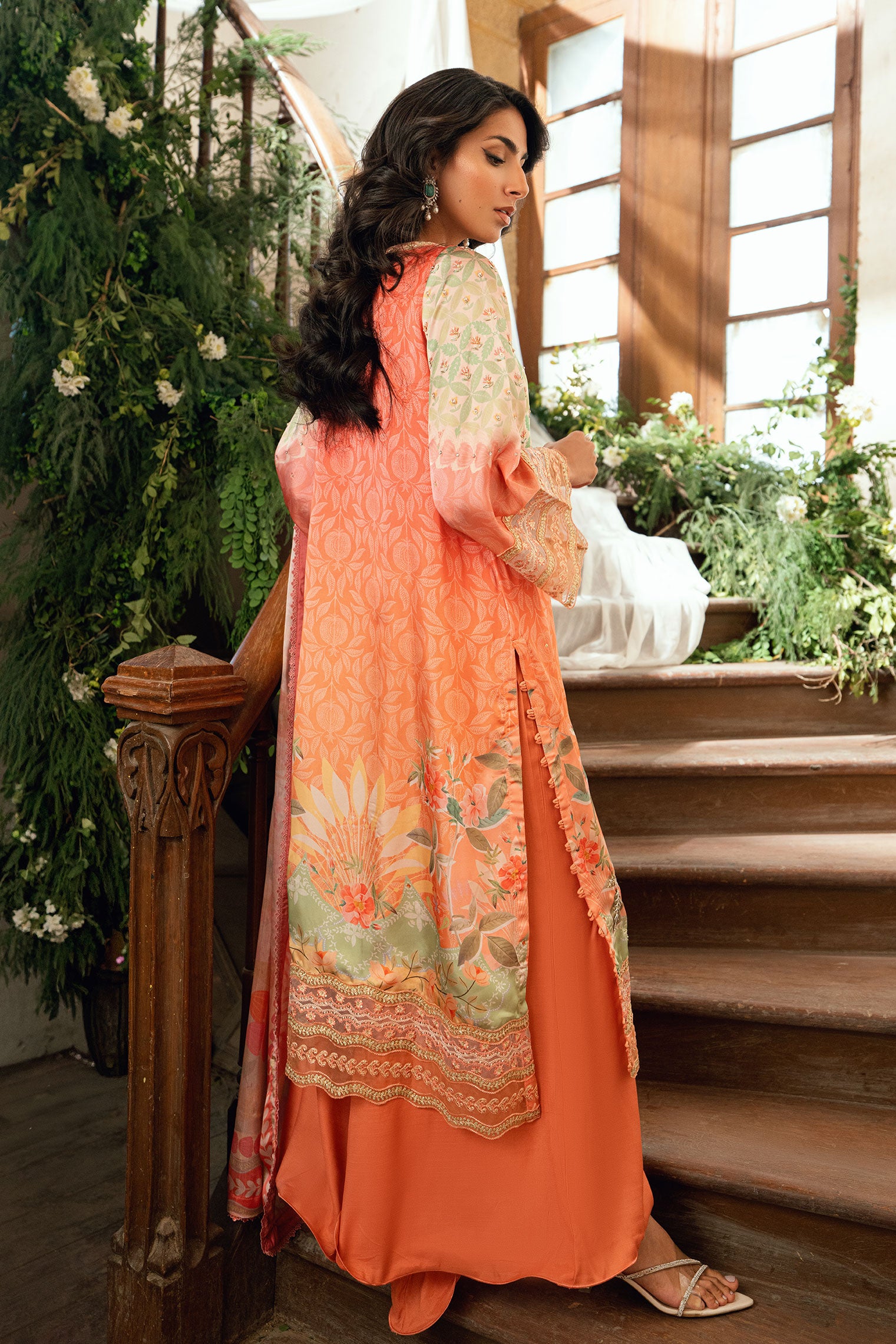 SS26DA-2893 Orange 2-piece shamooz silk ensemble featuring hand embellishments and a graceful printed kurta.