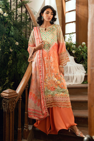 SS26DA-2893 Orange 2-piece shamooz silk ensemble featuring hand embellishments and a graceful printed kurta.