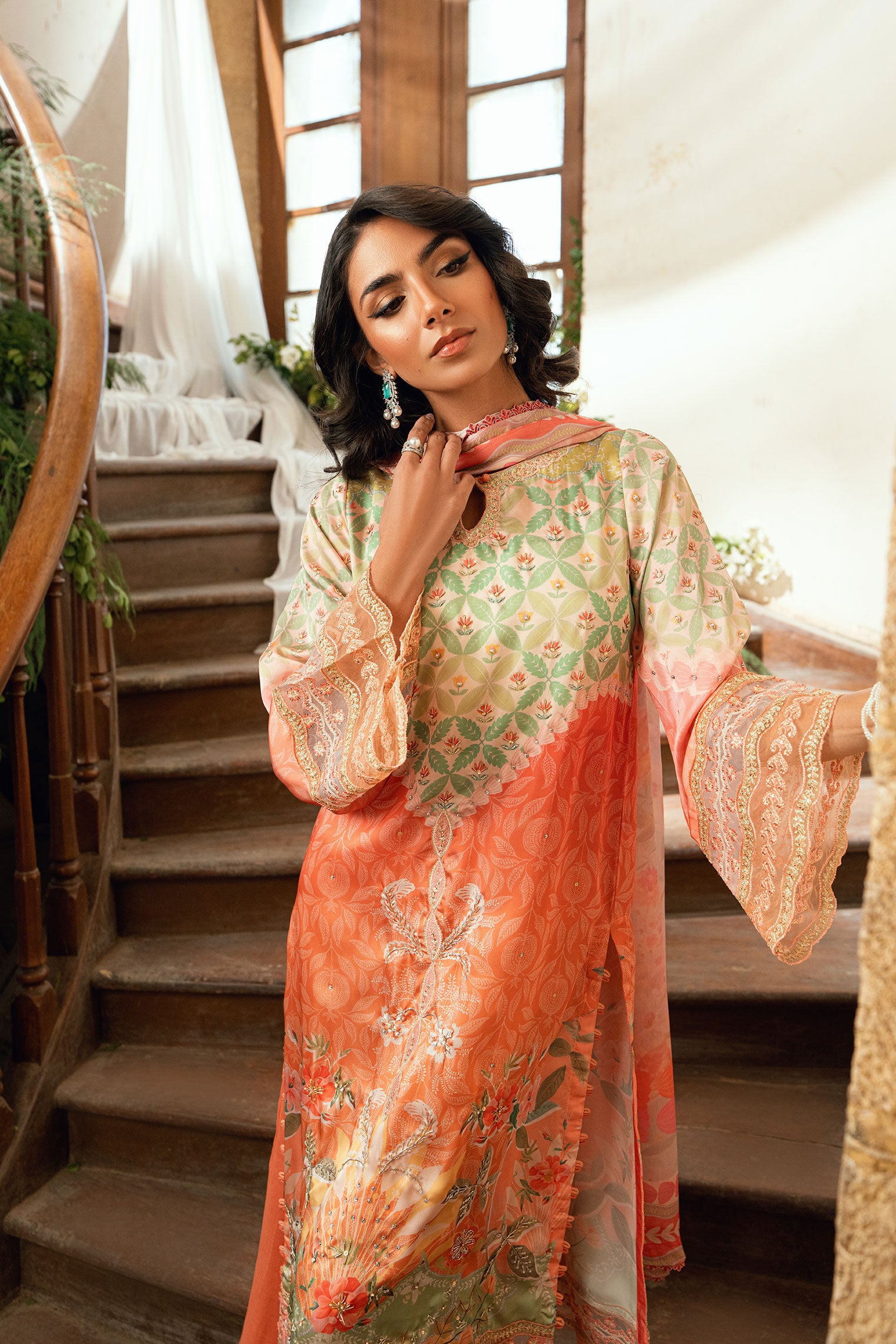 SS26DA-2893 Orange 2-piece shamooz silk ensemble featuring hand embellishments and a graceful printed kurta.