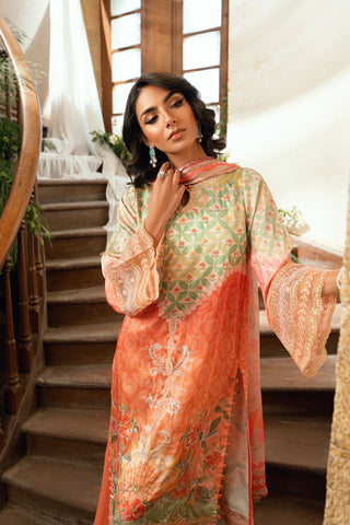 SS26DA-2893 Orange 2-piece shamooz silk ensemble featuring hand embellishments and a graceful printed kurta.