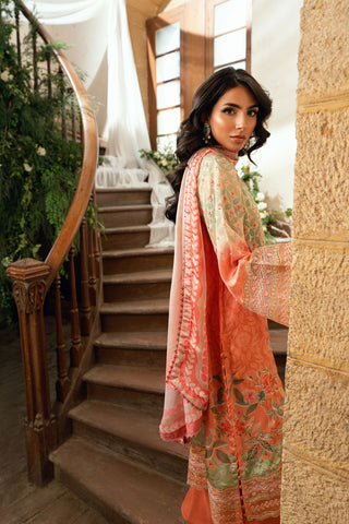SS26DA-2893 Orange 2-piece shamooz silk ensemble featuring hand embellishments and a graceful printed kurta.