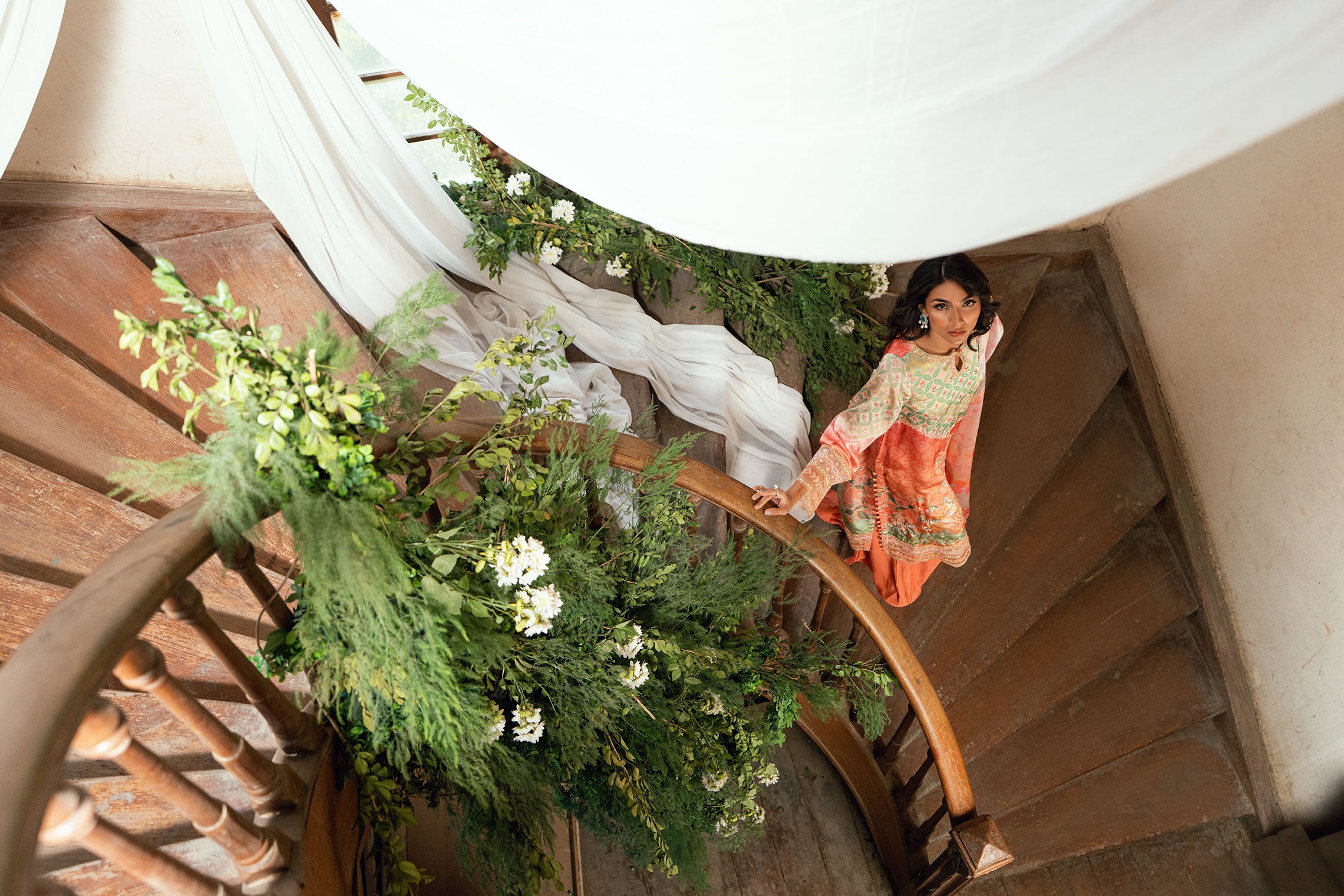SS26DA-2893 Orange 2-piece shamooz silk ensemble featuring hand embellishments and a graceful printed kurta.