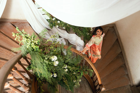 SS26DA-2893 Orange 2-piece shamooz silk ensemble featuring hand embellishments and a graceful printed kurta.