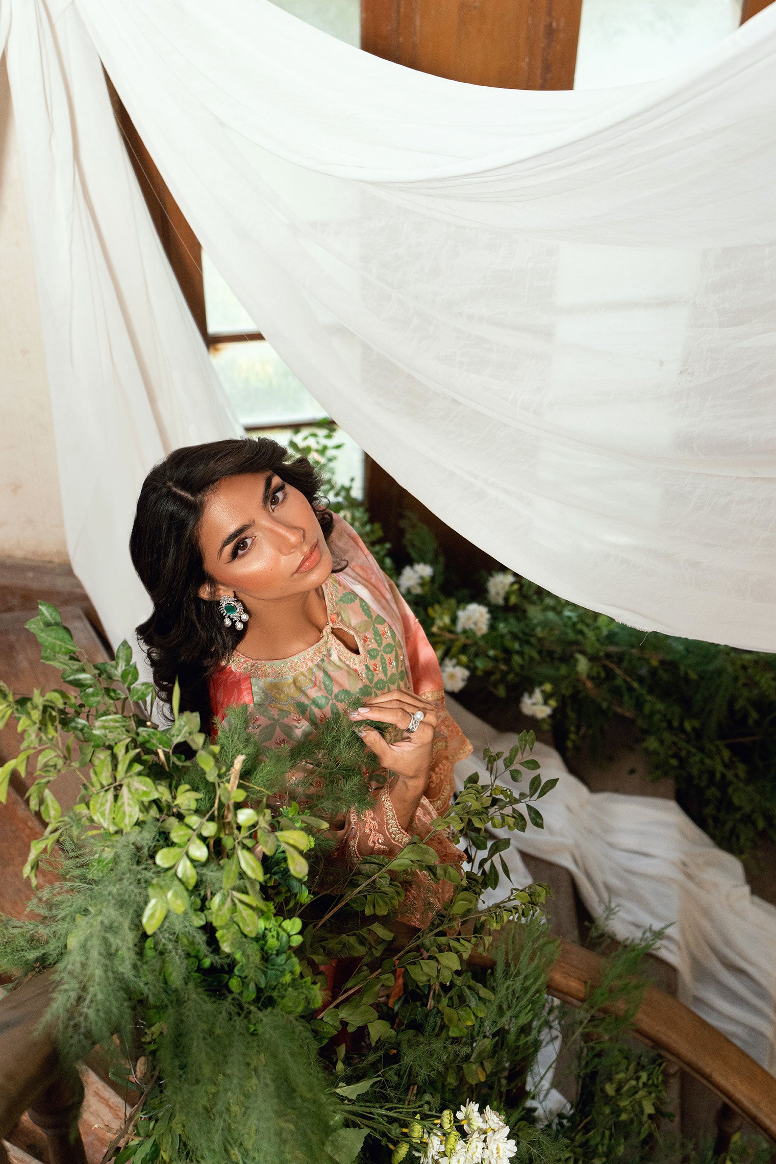 SS26DA-2893 Orange 2-piece shamooz silk ensemble featuring hand embellishments and a graceful printed kurta.