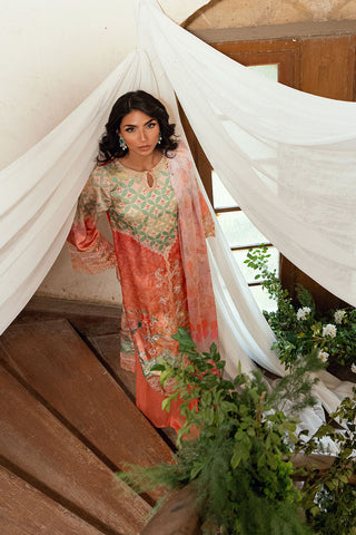 SS26DA-2893 Orange 2-piece shamooz silk ensemble featuring hand embellishments and a graceful printed kurta.