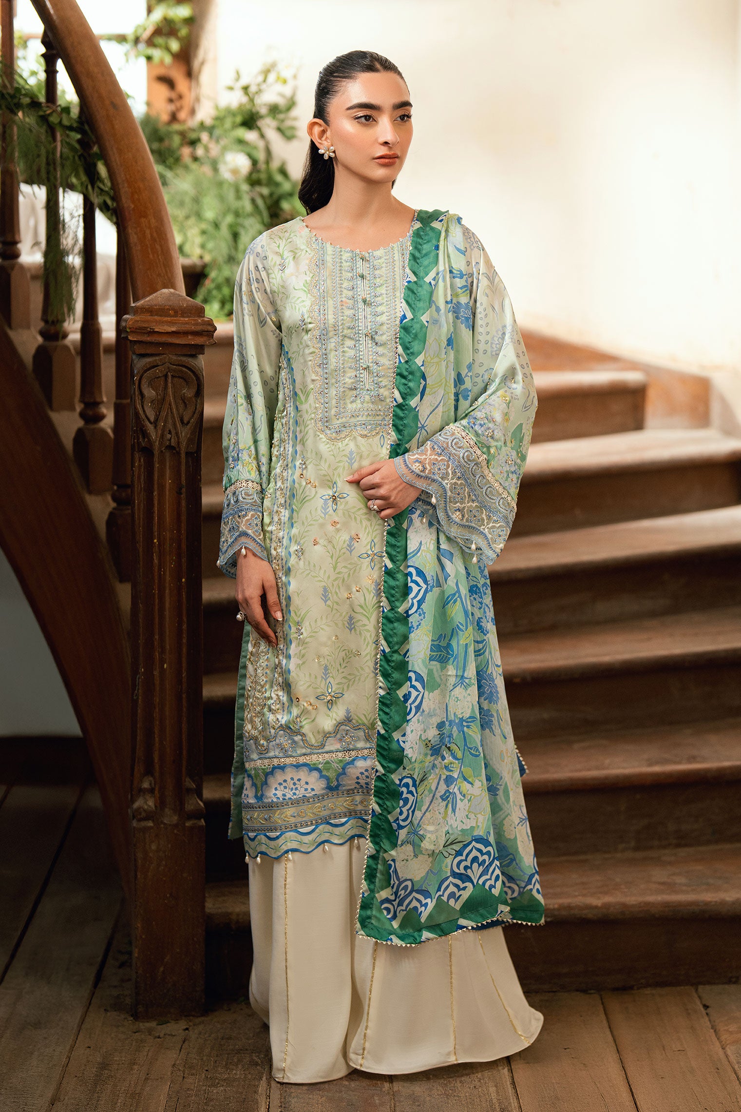 SS26DA-2894 Light Green 2-piece shamoz silk ensemble with floral embroidery and flared pants featuring lace detailing.