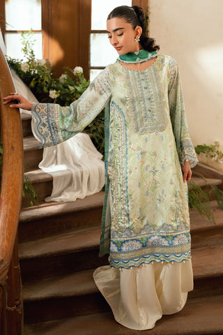 SS26DA-2894 Light Green 2-piece shamoz silk ensemble with floral embroidery and flared pants featuring lace detailing.