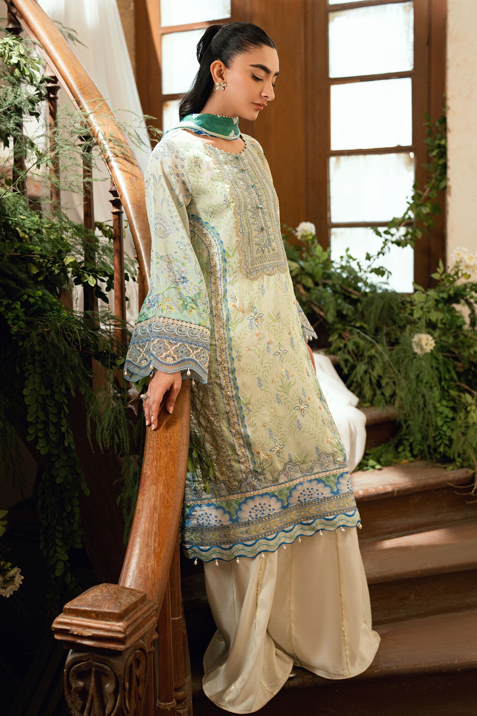 SS26DA-2894 Light Green 2-piece shamoz silk ensemble with floral embroidery and flared pants featuring lace detailing.