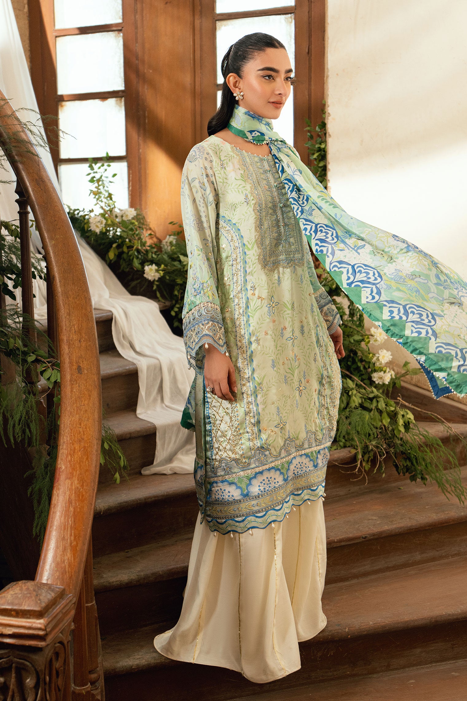 SS26DA-2894 Light Green 2-piece shamoz silk ensemble with floral embroidery and flared pants featuring lace detailing.