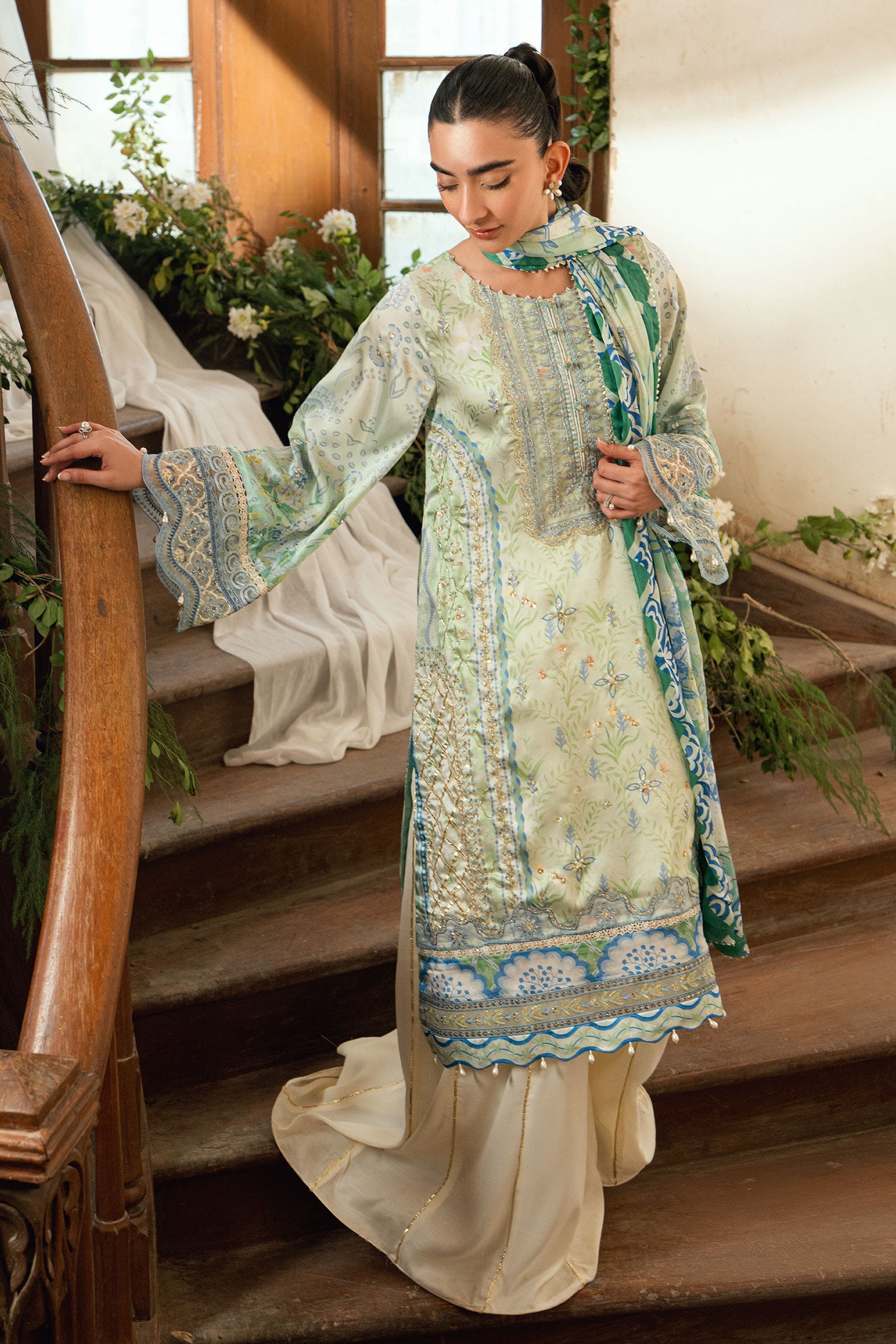 SS26DA-2894 Light Green 2-piece shamoz silk ensemble with floral embroidery and flared pants featuring lace detailing.