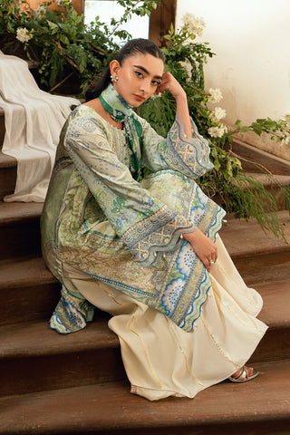 SS26DA-2894 Light Green 2-piece shamoz silk ensemble with floral embroidery and flared pants featuring lace detailing.