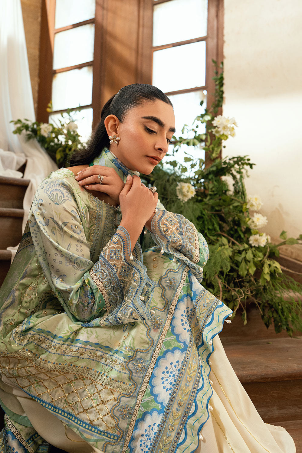 SS26DA-2894 Light Green 2-piece shamoz silk ensemble with floral embroidery and flared pants featuring lace detailing.