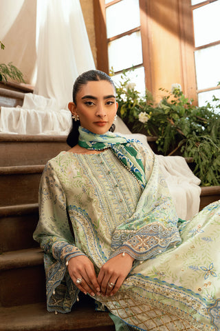 SS26DA-2894 Light Green 2-piece shamoz silk ensemble with floral embroidery and flared pants featuring lace detailing.