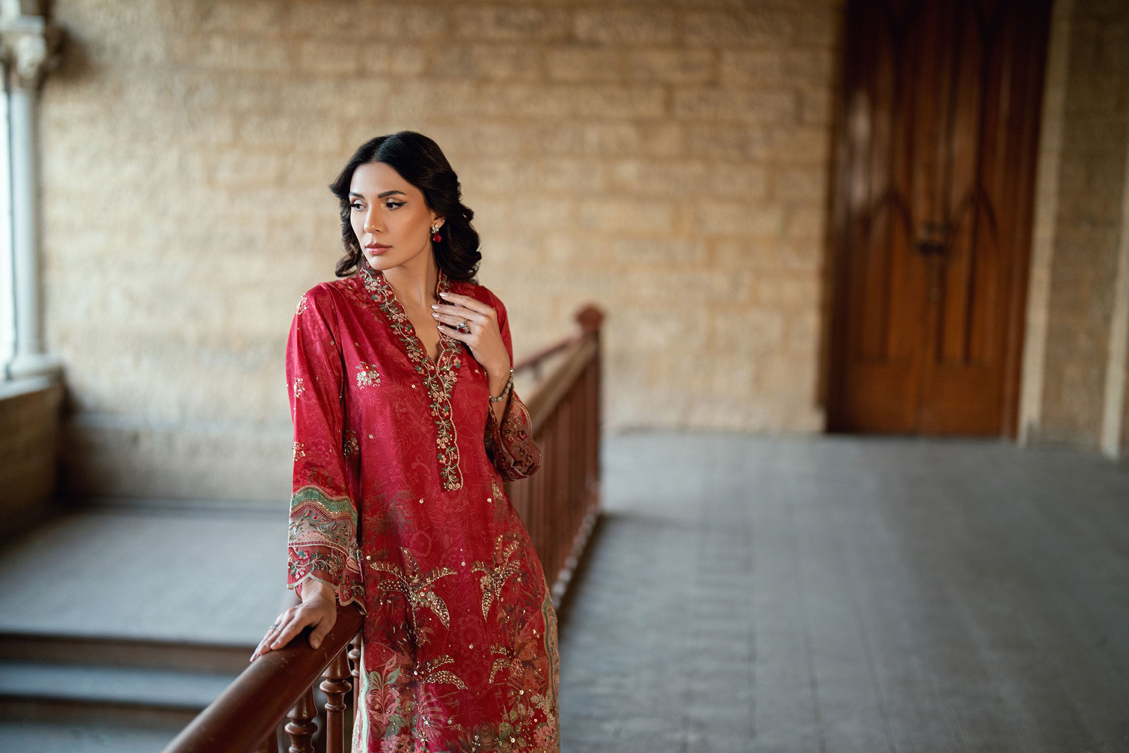 SS26DA-2895 Red 2-piece crepe silk suit combining delicate embroidery and hand embellishments with a printed kurta.