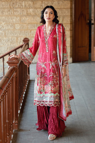 SS26DA-2895 Red 2-piece crepe silk suit combining delicate embroidery and hand embellishments with a printed kurta.