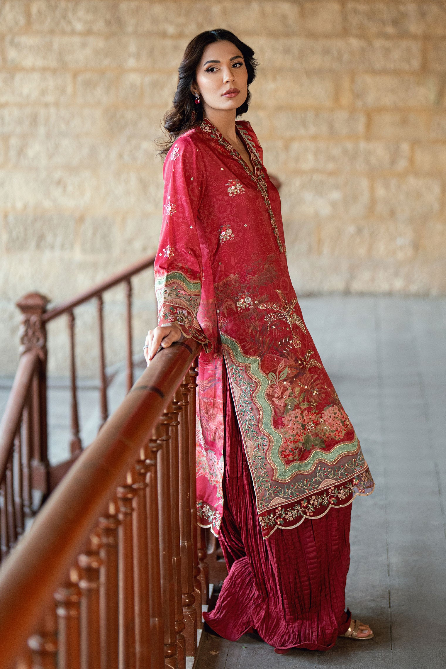 SS26DA-2895 Red 2-piece crepe silk suit combining delicate embroidery and hand embellishments with a printed kurta.