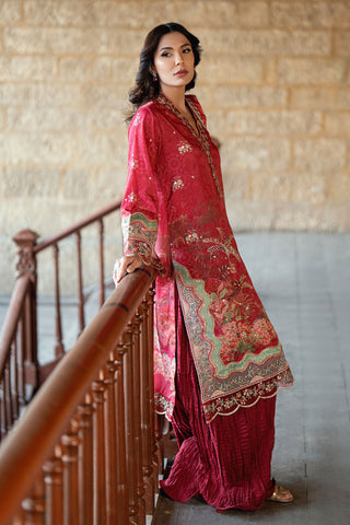 SS26DA-2895 Red 2-piece crepe silk suit combining delicate embroidery and hand embellishments with a printed kurta.
