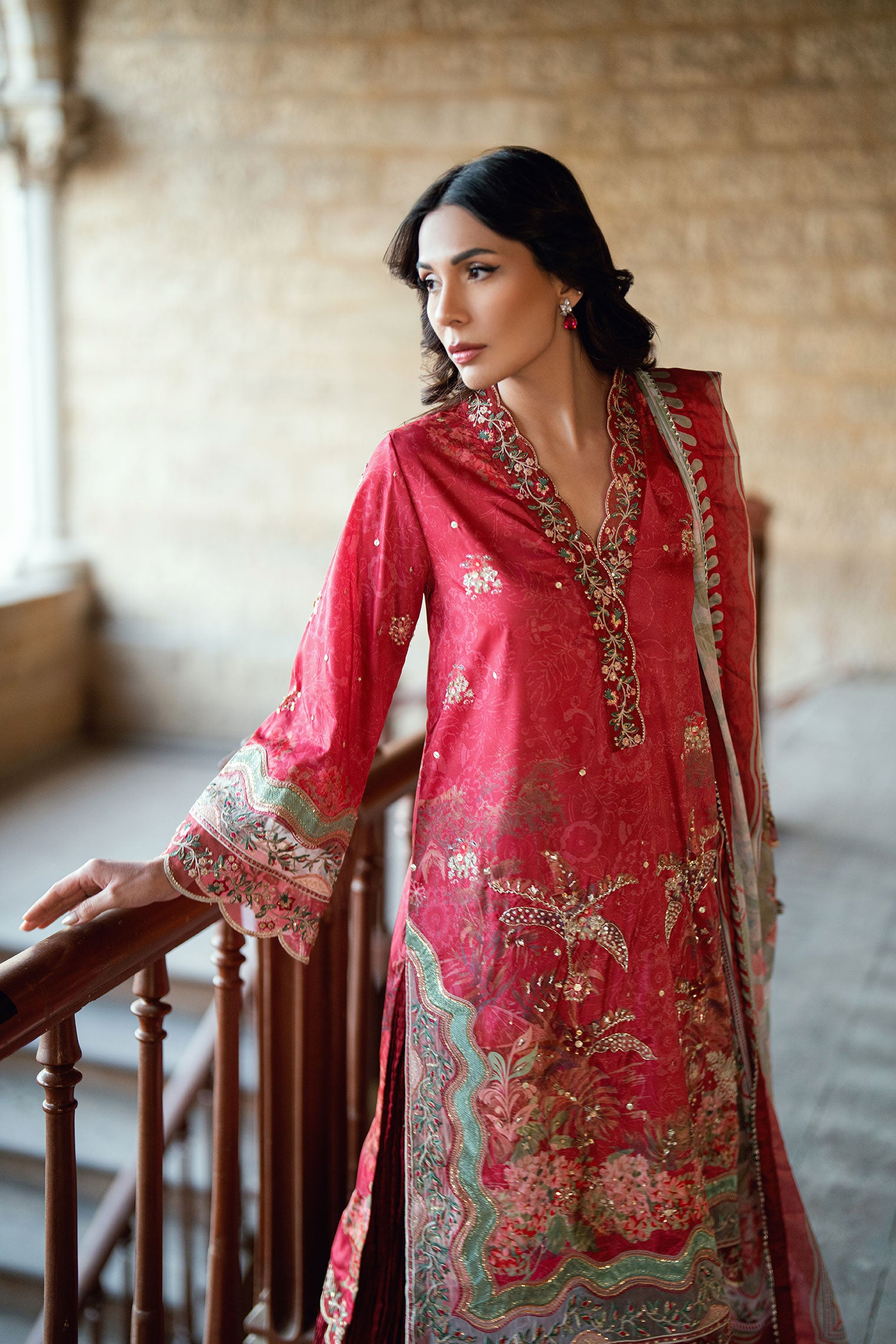 SS26DA-2895 Red 2-piece crepe silk suit combining delicate embroidery and hand embellishments with a printed kurta.