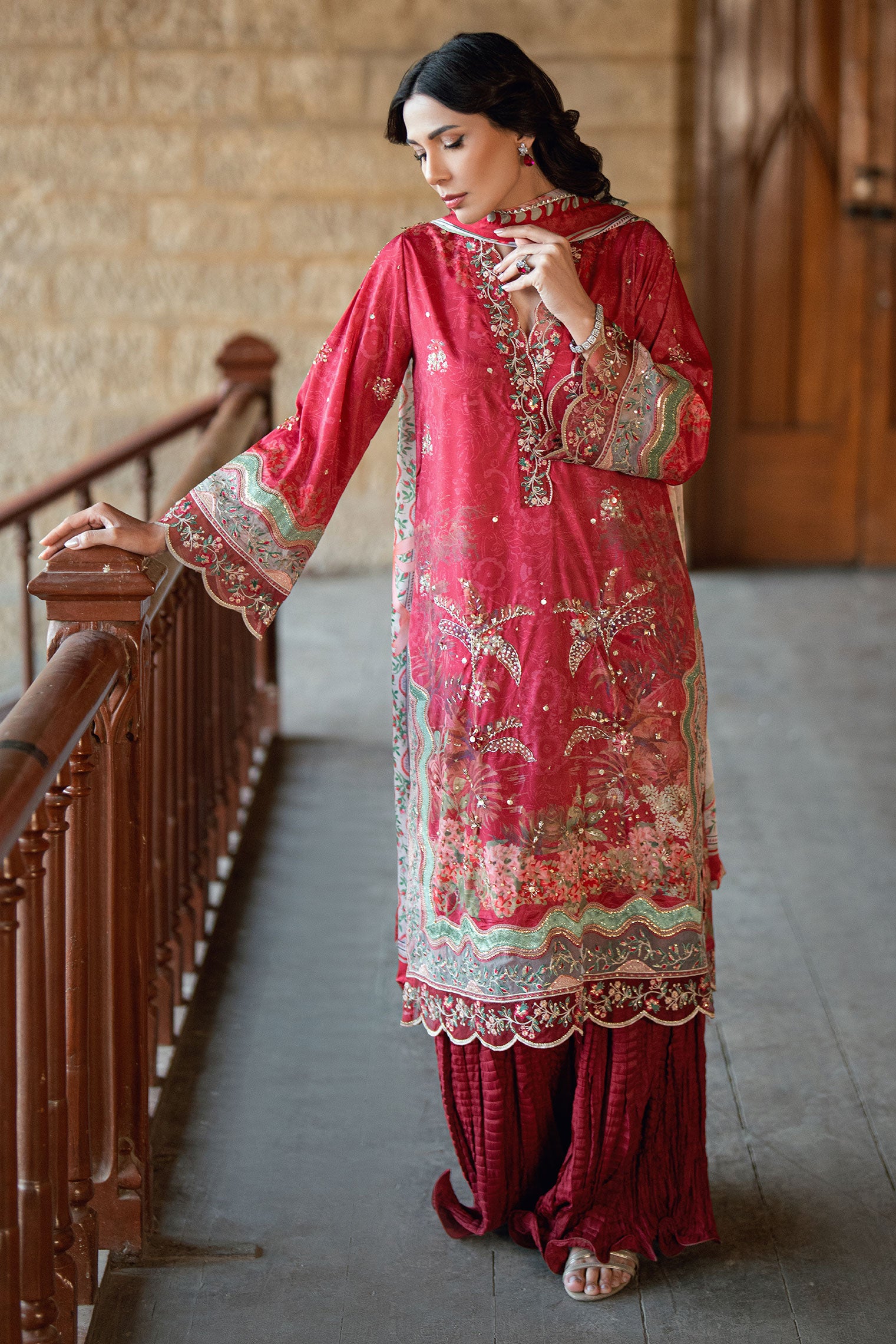 SS26DA-2895 Red 2-piece crepe silk suit combining delicate embroidery and hand embellishments with a printed kurta.