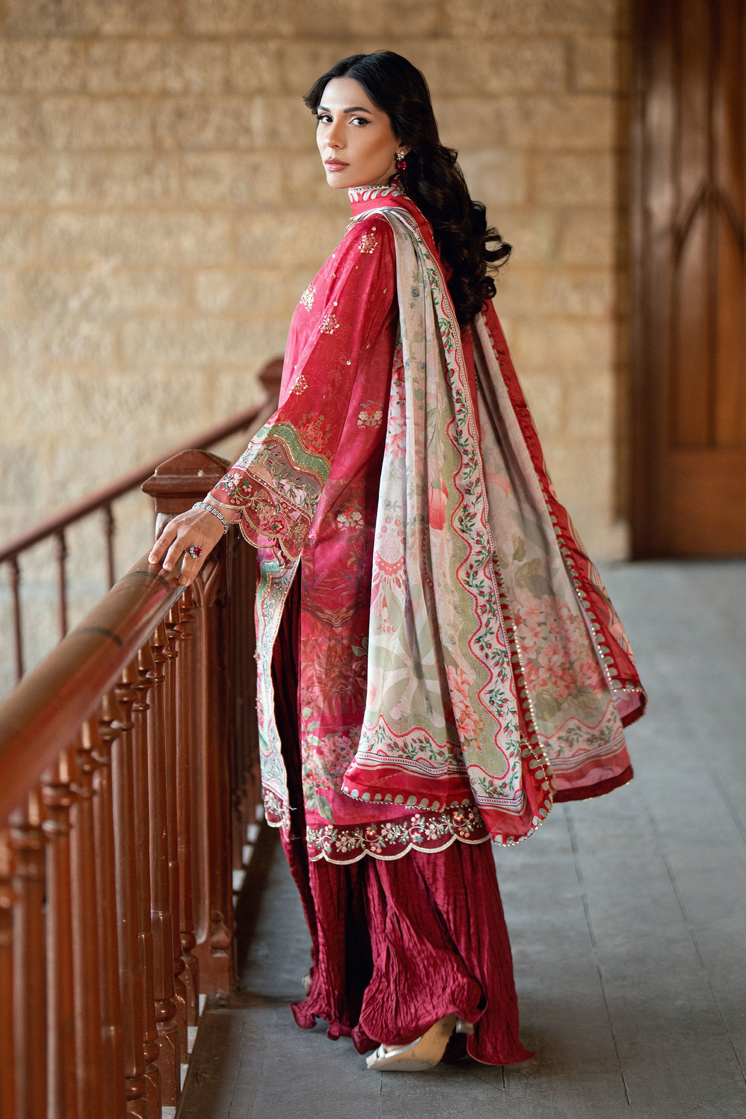 SS26DA-2895 Red 2-piece crepe silk suit combining delicate embroidery and hand embellishments with a printed kurta.