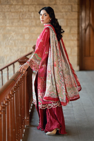 SS26DA-2895 Red 2-piece crepe silk suit combining delicate embroidery and hand embellishments with a printed kurta.