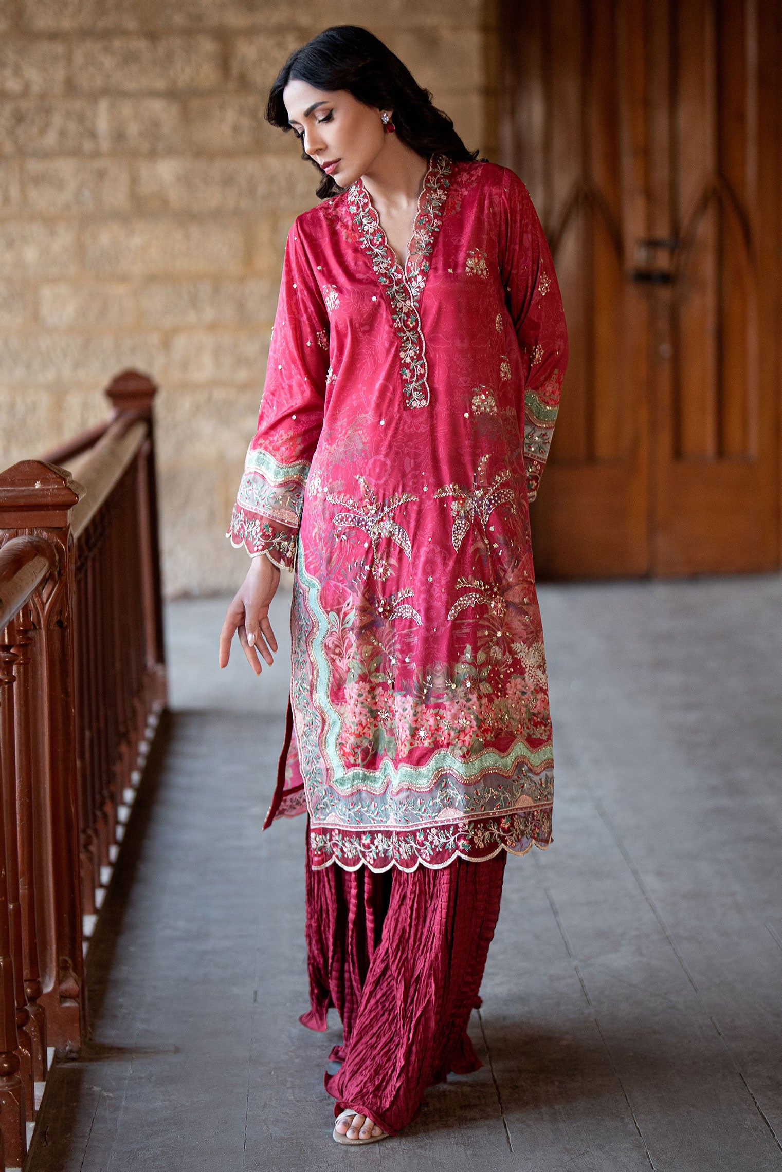 SS26DA-2895 Red 2-piece crepe silk suit combining delicate embroidery and hand embellishments with a printed kurta.