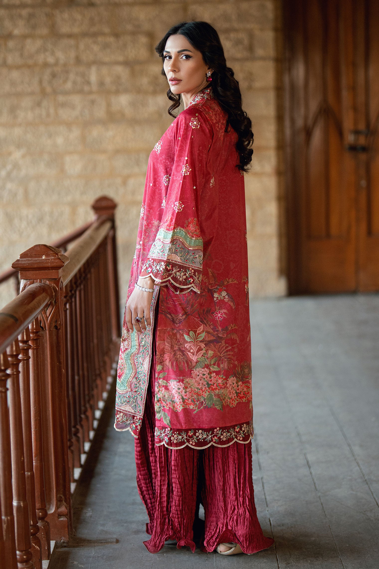 SS26DA-2895 Red 2-piece crepe silk suit combining delicate embroidery and hand embellishments with a printed kurta.