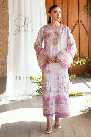 SS26DA-2896 Lilac 2-piece shamoz silk ensemble with a softly printed kurta, delicate embroidery, and straight pants.